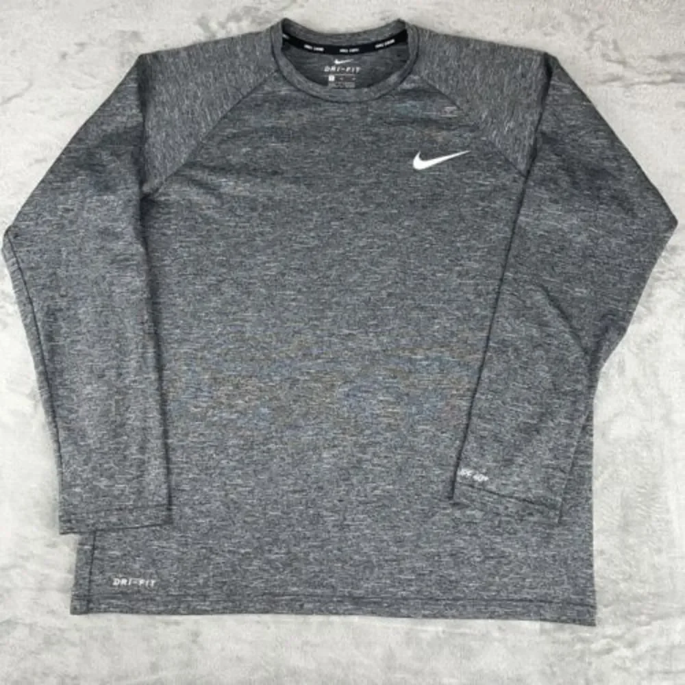 Nike Swim Dri-Fit Shirt Mens M Gray Black Long Sleeve Swoosh Crew Neck UPF 40